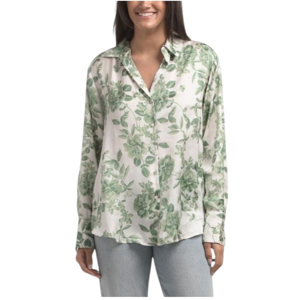 AUTRES FILLES Satin Floral Leaves Long Sleeve Shirt